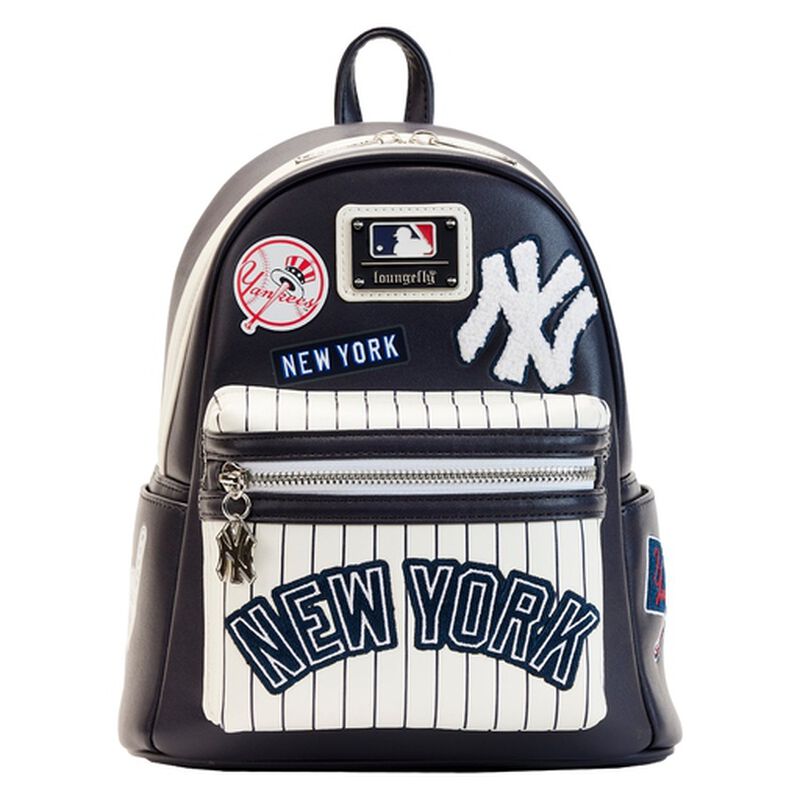 Navy blue backpack with a pinstripe front pocket with the logos of the New York Yankees on the front